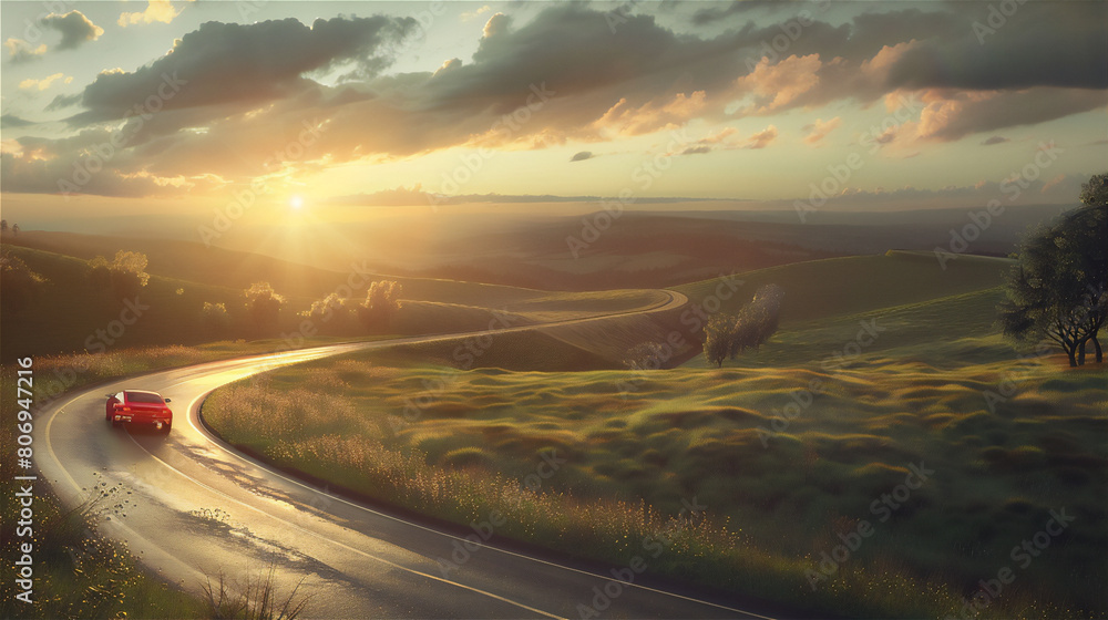 Red car driving on the road in the middle of green field at sunset in summer. Summer holiday illustration.