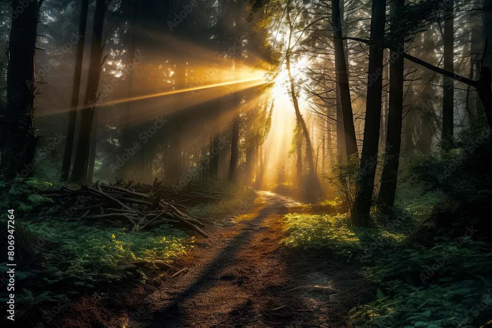 a serene forest with sunbeams piercing through mist, creating a magical, ethereal atmosphere along a path