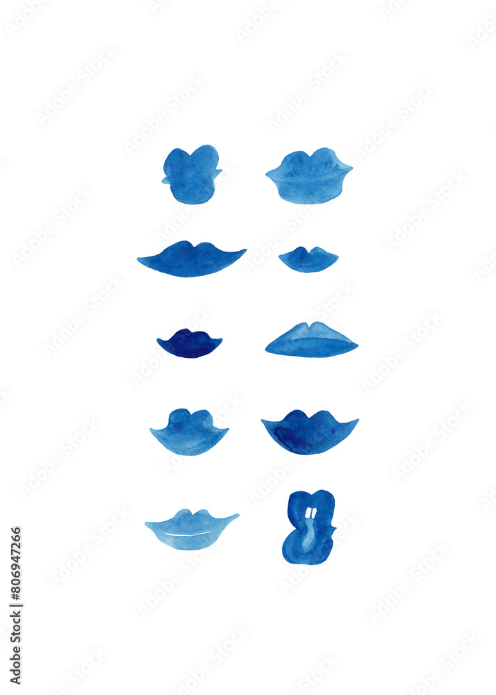 Blue lips. Beautiful set of hand drawn blue paint elements for your design. Isolated watercolor Blue lips. Beautiful set of hand drawn blue paint elements for your design. Isolated watercolor