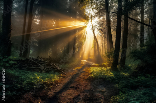 a serene forest with sunbeams piercing through mist  creating a magical  ethereal atmosphere along a path