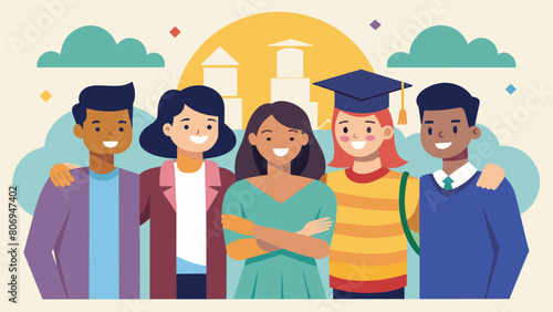 A group of friends reunite for a college reunion reminiscing about how their statesponsored savings plan allowed them to stay connected and continue. Vector illustration