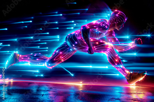 Energetic Man in Neon Suit Running on Stage. Generative AI