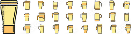 Thermo cup icons set outline vector. Coffee cup. Cap beverage thin line color flat on white