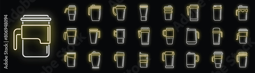 Thermo cup icons set outline vector. Coffee cup. Cap beverage neon color on black