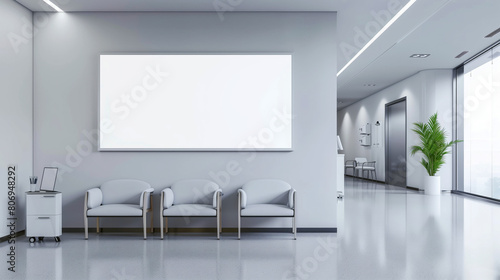 Modern office waiting area with clean design featuring white chairs, a large empty frame, and indoor plants. © Natalia