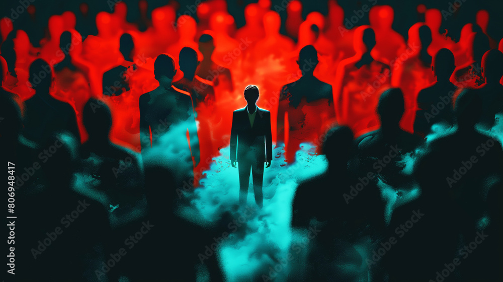 Dramatic image of a lone man in a suit standing prominently against a red-lit crowd fading into dark smoky background. Dramatic image of a lone man in a suit standing prominently against a red-lit crowd fading into dark smoky background.