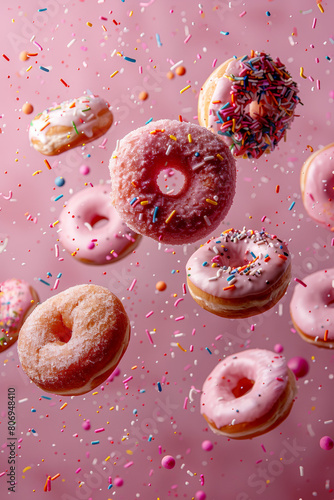 Assorted Sprinkle Doughnuts on Pink Background. Generative AI