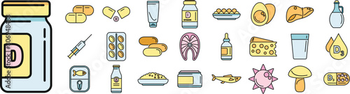 Vitamin D icons set outline vector. Medical supplement. Omega health thin line color flat on white