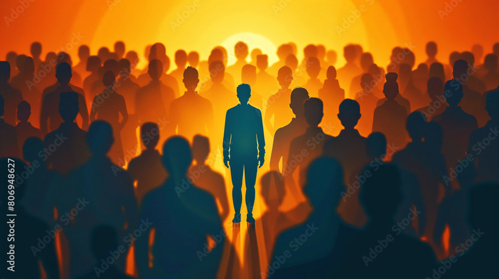 Silhouette of a man standing alone against a backdrop of a crowd with an orange gradient sunset.
