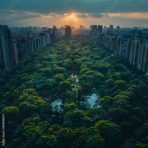 Lush urban jungle with towering skyscrapers and verdant greenery in a modern city skyline