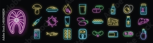 Vitamin D icons set outline vector. Medical supplement. Omega health neon color on black