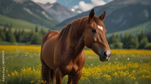 A chestnut horse in a meadow with yellow flowers again.generative.ai