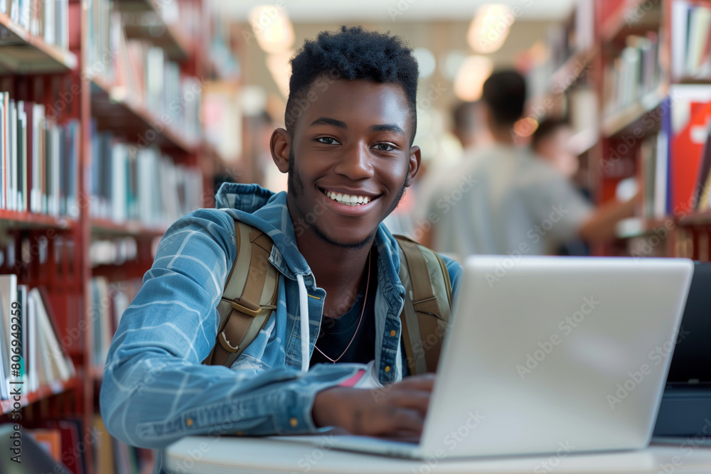 commercial photo of young international smiling male guy student doing homework task on laptop in college or university library, doing researches and write notes for online lessons commercial photo of young international smiling male guy student doing homework task on laptop in college or university library, doing researches and write notes for online lessons