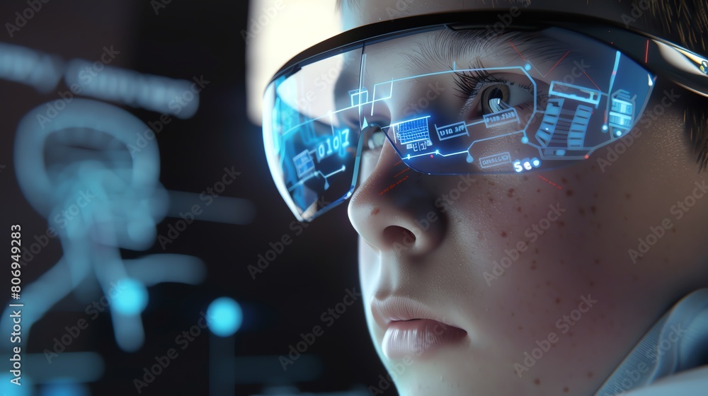 boy wearing smart glasses with futuristic visual digital information. boy wearing smart glasses with futuristic visual digital information.