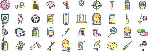 Immune system icons set outline vector. Human weak. Medical booster thin line color flat on white photo