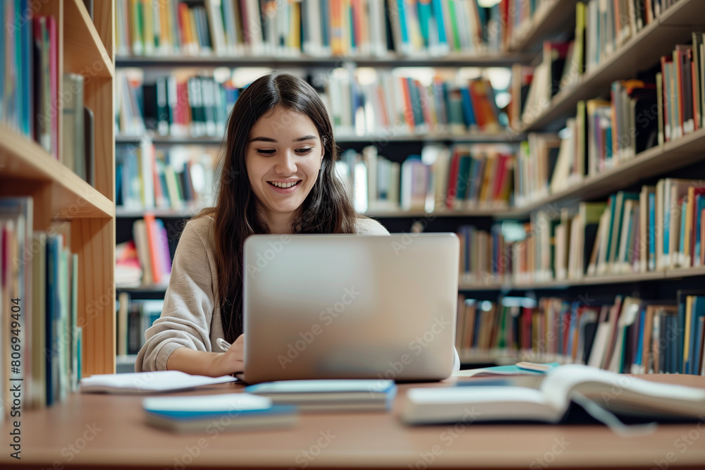 commercial photo of young smiling female student doing homework task on laptop in college or university library, searching information and write notes for online lessons or exams commercial photo of young smiling female student doing homework task on laptop in college or university library, searching information and write notes for online lessons or exams