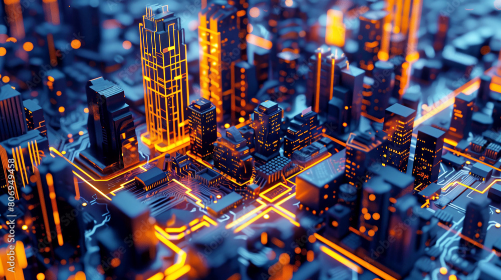 Futuristic cityscape with illuminated buildings and circuit board pathways, depicted in warm and cool tones. Futuristic cityscape with illuminated buildings and circuit board pathways, depicted in warm and cool tones.