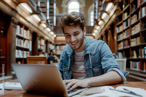 commercial photo of young international smiling male guy student doing homework task on laptop in college or university library, doing researches and write notes for online lessons