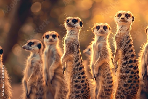 Alert Meerkat Colony Communicating in Warm Toned Wildlife Photography