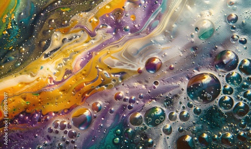 Colored water and foam bubbles, abstract background