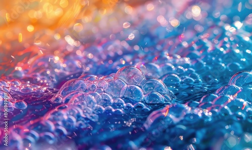 Colored water and foam bubbles, abstract background photo