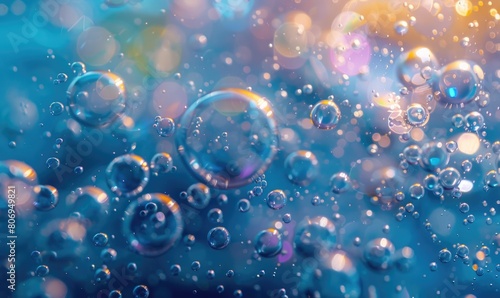 Blue water bubbles closeup, abstract background photo