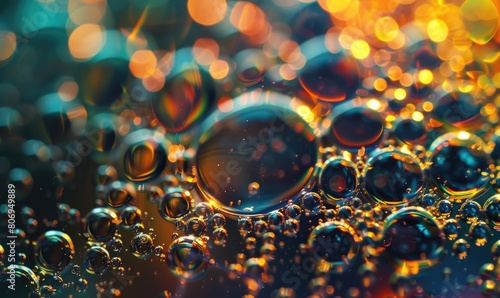 Closeup view on water bubbles, abstract background with bokeh light