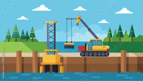 Steel sheet piles being driven deep into the ground to create a cofferdam allowing a construction team to work on a bridge foundation while keeping. Vector illustration photo