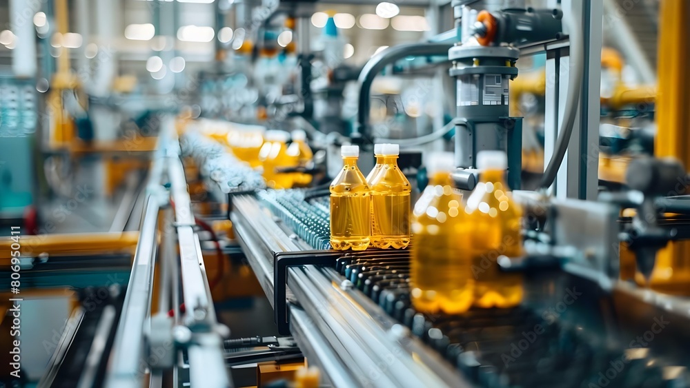 Fototapeta premium Factory assembly line produces plastic bottles with automation for efficiency and speed. Concept Plastic Bottles, Factory Automation, Efficiency, Assembly Line, Production Speed