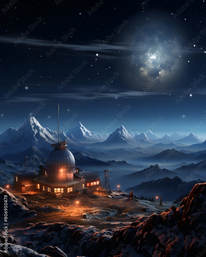 Astronomical Observatory in the mountains at night. 3d illustration
