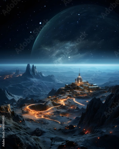 Fantasy alien planet. Mountain and church. 3D illustration.