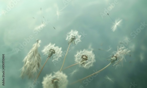 Dandelion seeds gliding through the air