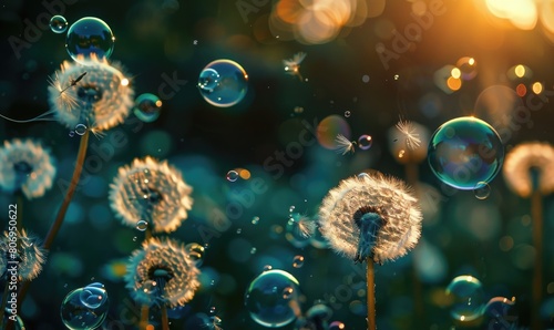 Dandelions and soap bubbles in the air in sunset light, nature background