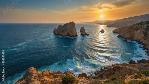 view of a rocky coastline with a sunset in the background