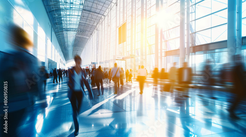 Busy modern airport terminal with people in motion  bright sunlight streaming through large windows.