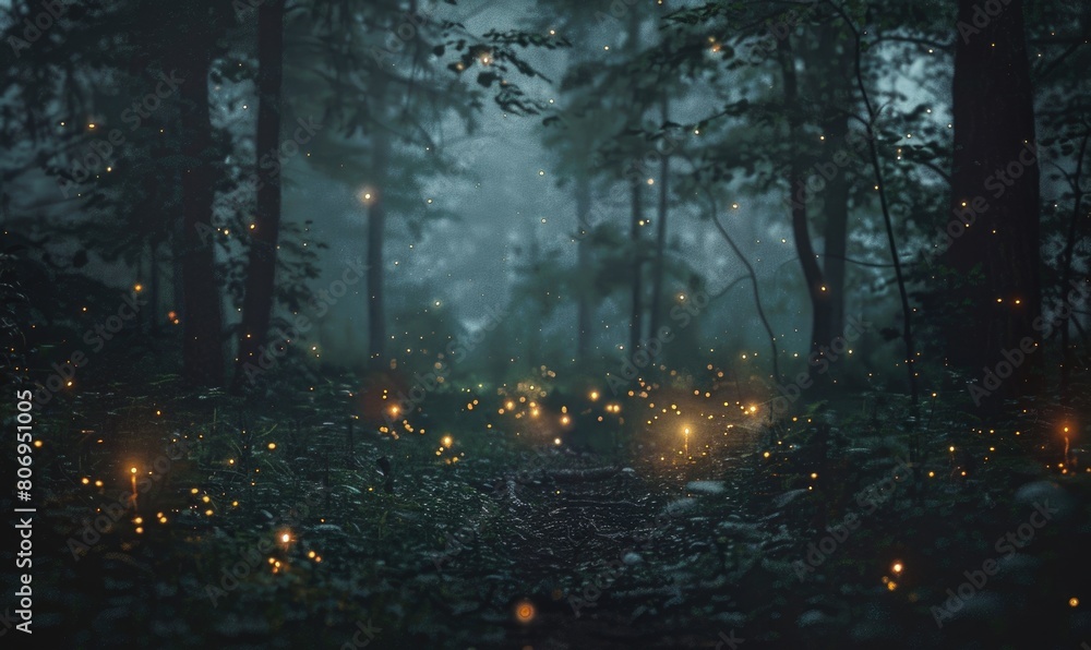 Fototapeta premium Fireflies glowing in the forest, enchanting nature background
