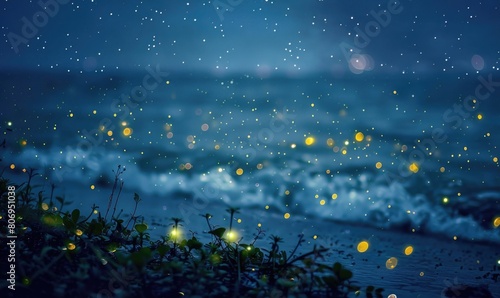 Fireflies sparkling in the night sky while sea fireflies illuminate the ocean floor