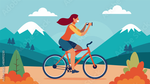 A woman riding her bike at a leisurely pace stopping occasionally to snap photos of the stunning landscapes and scenery.. Vector illustration