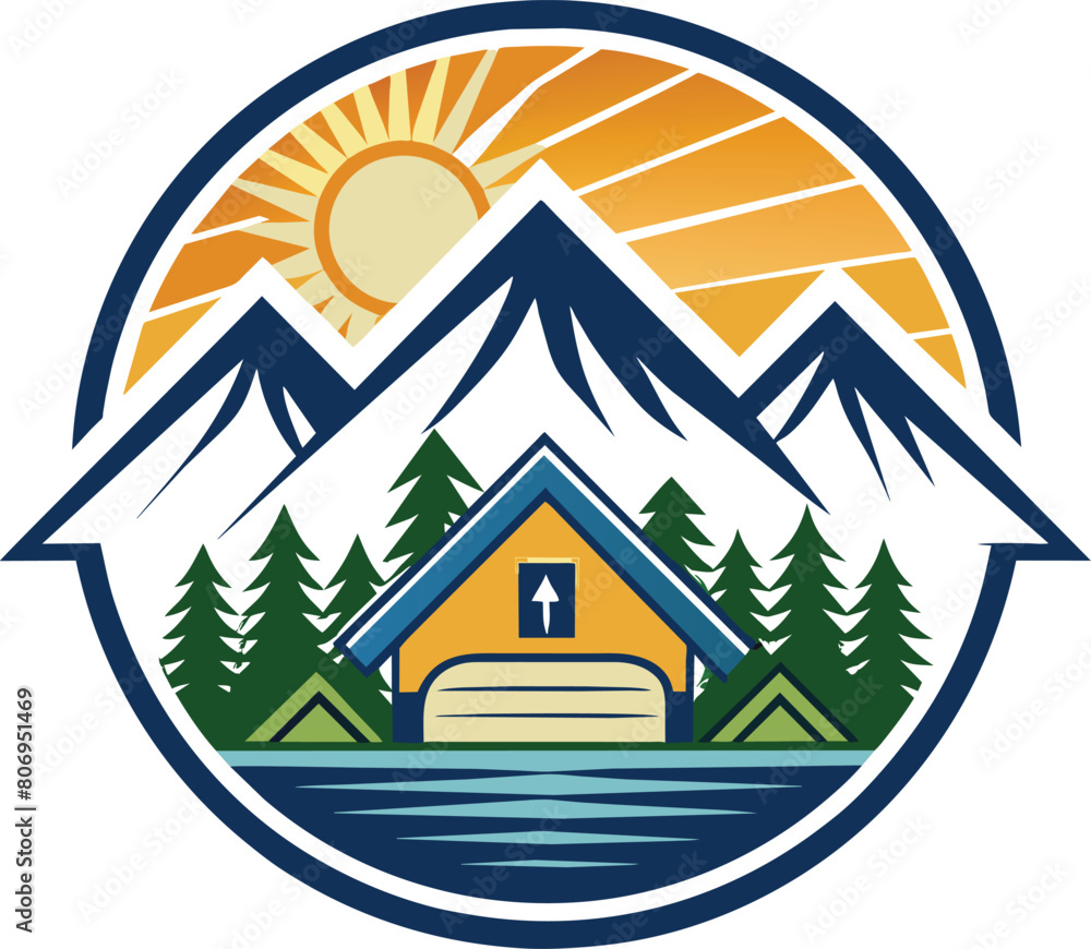 house in the mountains and trees logo design, Forest camping logo, summer camping logo design, 