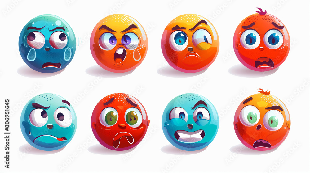 Obraz premium A collection of eight cartoon style emotive spheres showcasing a variety of expressions and emotions.