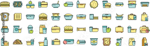 School breakfast icons set outline vector. Lunch bag. Bread break thin line color flat on white