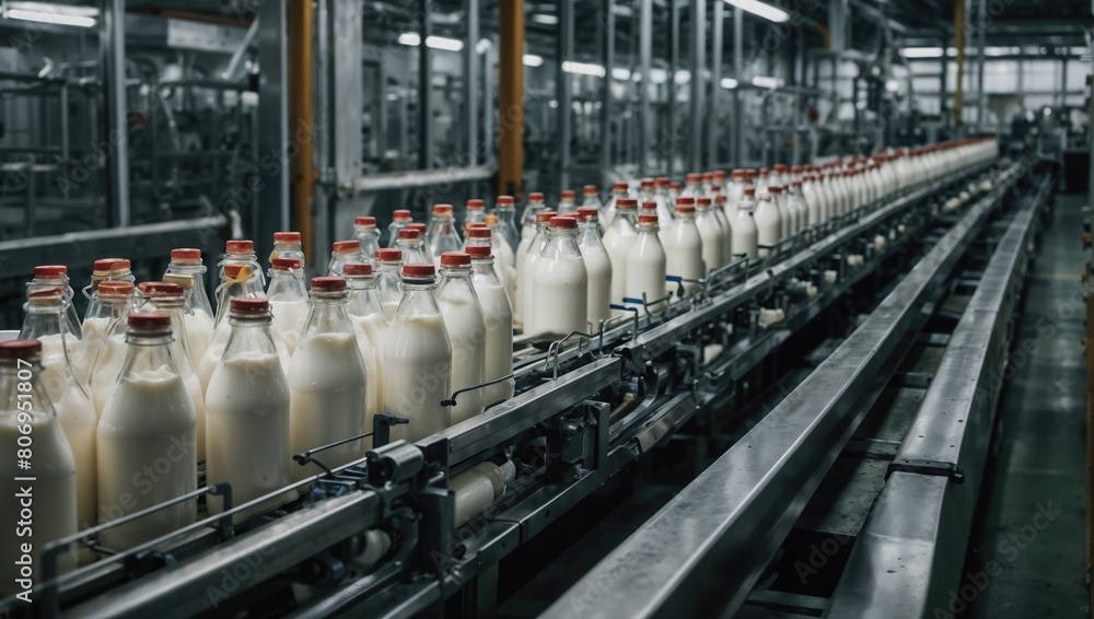 Fototapeta premium milk bottles are lined up on a conveyor belt in Milk Factory