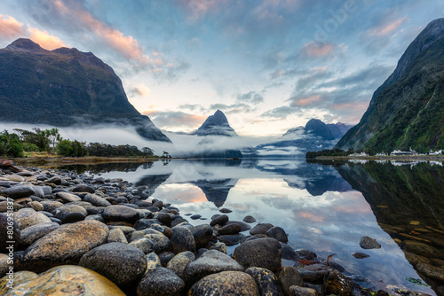 Milford Sound with Mitre peak and foggy on the lake at Fjordland national park, New Zealand