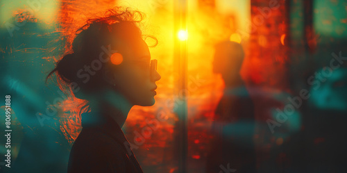 Female silhouette. A woman walks against the backdrop of a hot city and sunset opposite a man, abstract portrait. Cover.