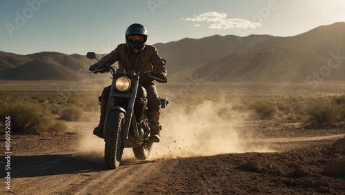 A man riding a motorcycle on a dirt road in the Green desert