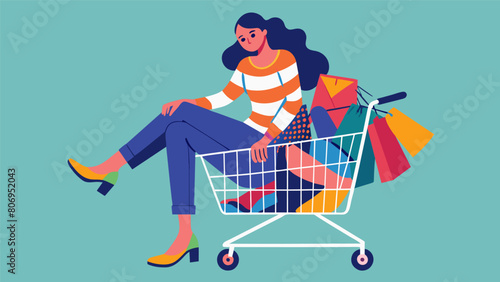An overhead shot of a model sitting in a shopping cart filled with thrifted clothing wearing an eclectic mix of patterns and textures.. Vector illustration