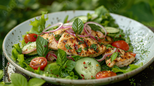 The freshness of a summer salad: a crisp mix of lettuce, cherry tomatoes, cucumber slices, red onion rings, and grilled chicken strips, tossed in a light vinaigrette dressing