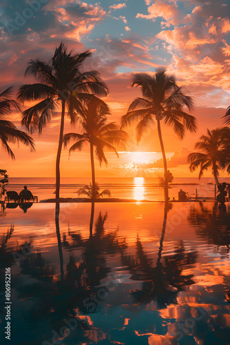 Golden Hour Beach Sunset featuring Silhouettes of People and Tropical Palm Trees