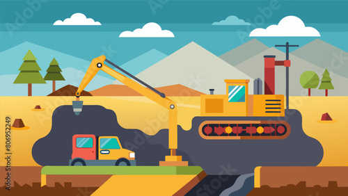 The third illustration shows the initial digging and excavation process with massive machinery digging out the trenches and creating a foundation for. Vector illustration