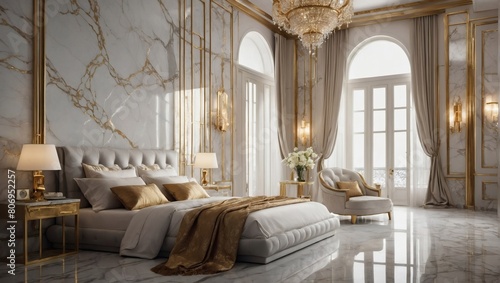 Discover the allure of opulent design  a backdrop of white marble infused with metallic gold hues  radiating luxury and grandeur in every corner.